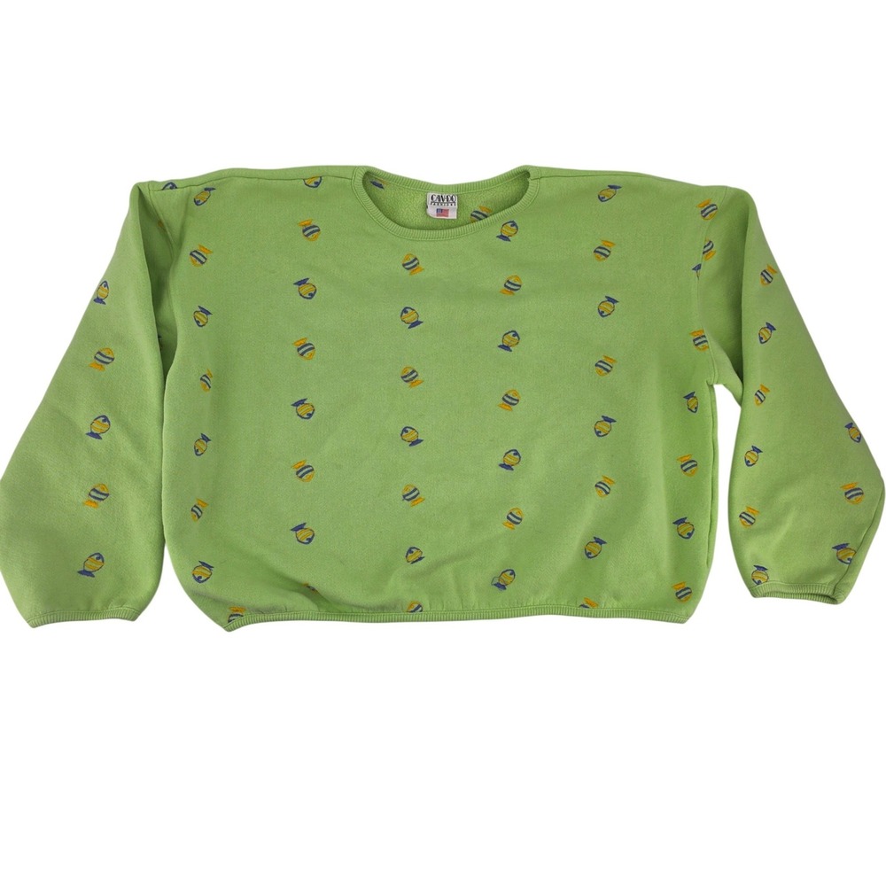 Vintage Can-Do Fashions Lime Green Embroidered Fish Crewneck Sweatshirt XL USA‎